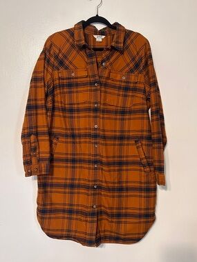 Duluth Trading Folklore Flannel Duster Dress Button Down size Large Orange Navy